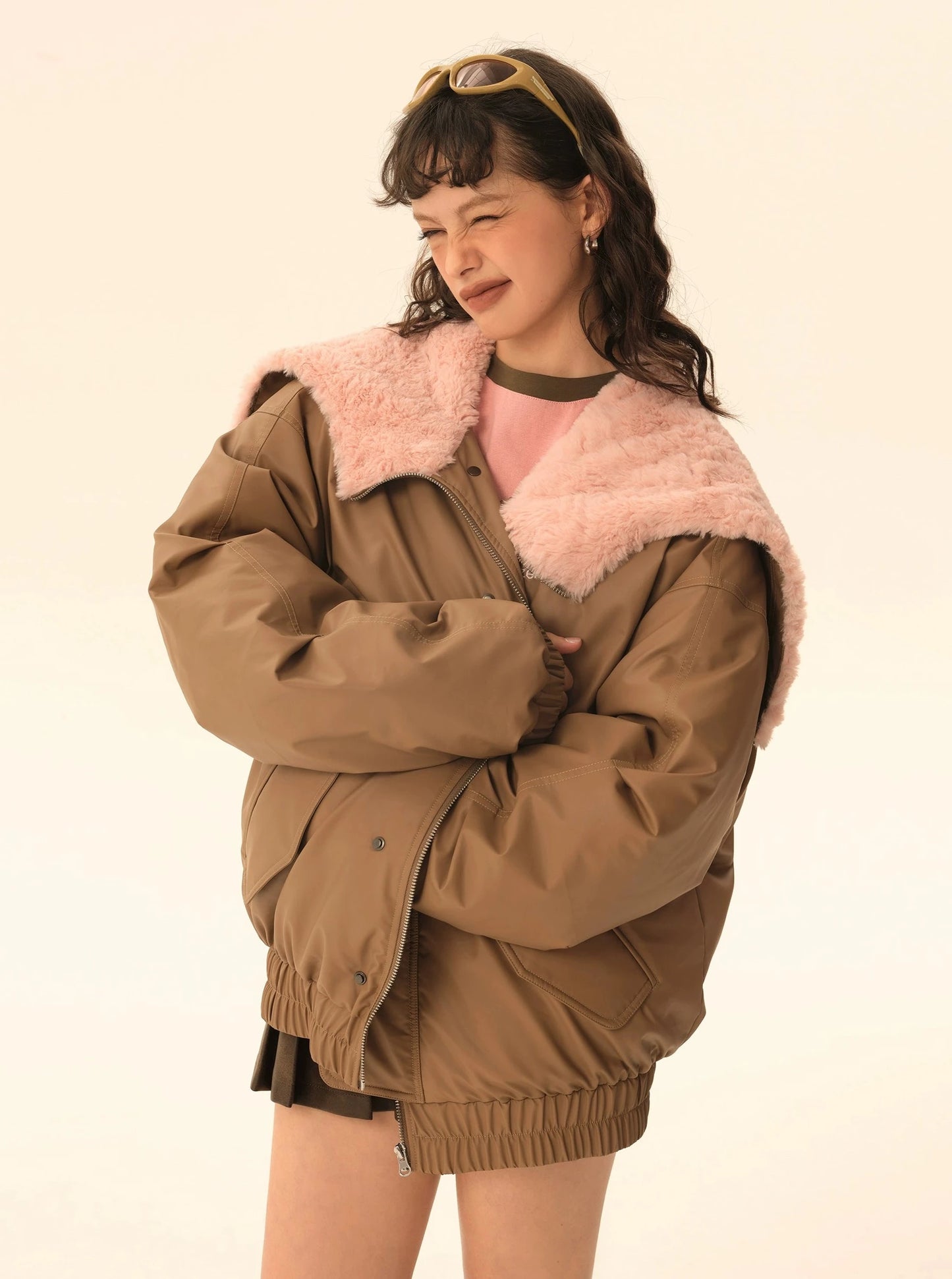 Imitation rabbit fur hooded no-wash pu skin down jacket