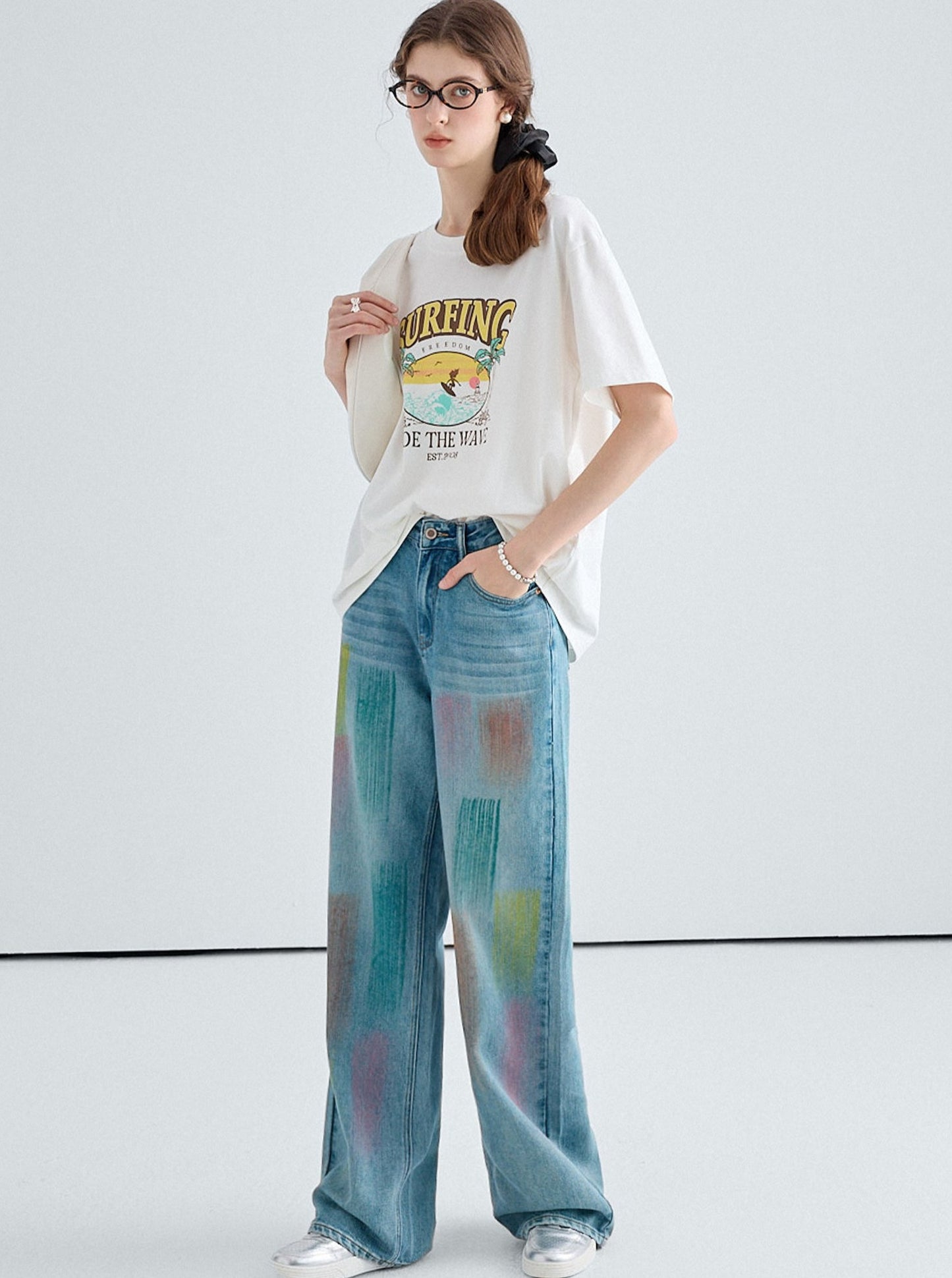 Smudge Design Straight Wide-Leg Long Pants