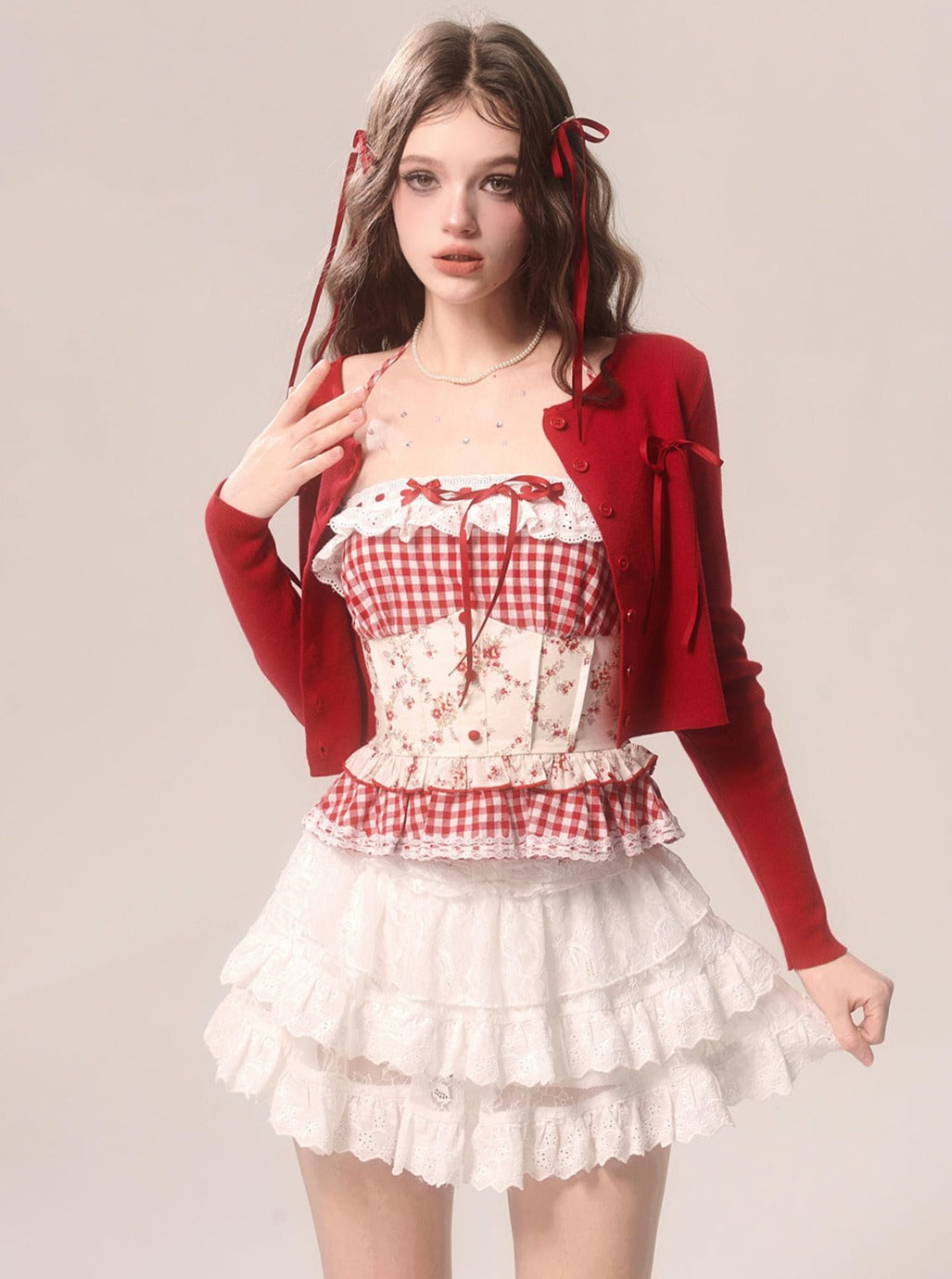 Red Cardigan With Red Checked Suspender Vest Set-Up