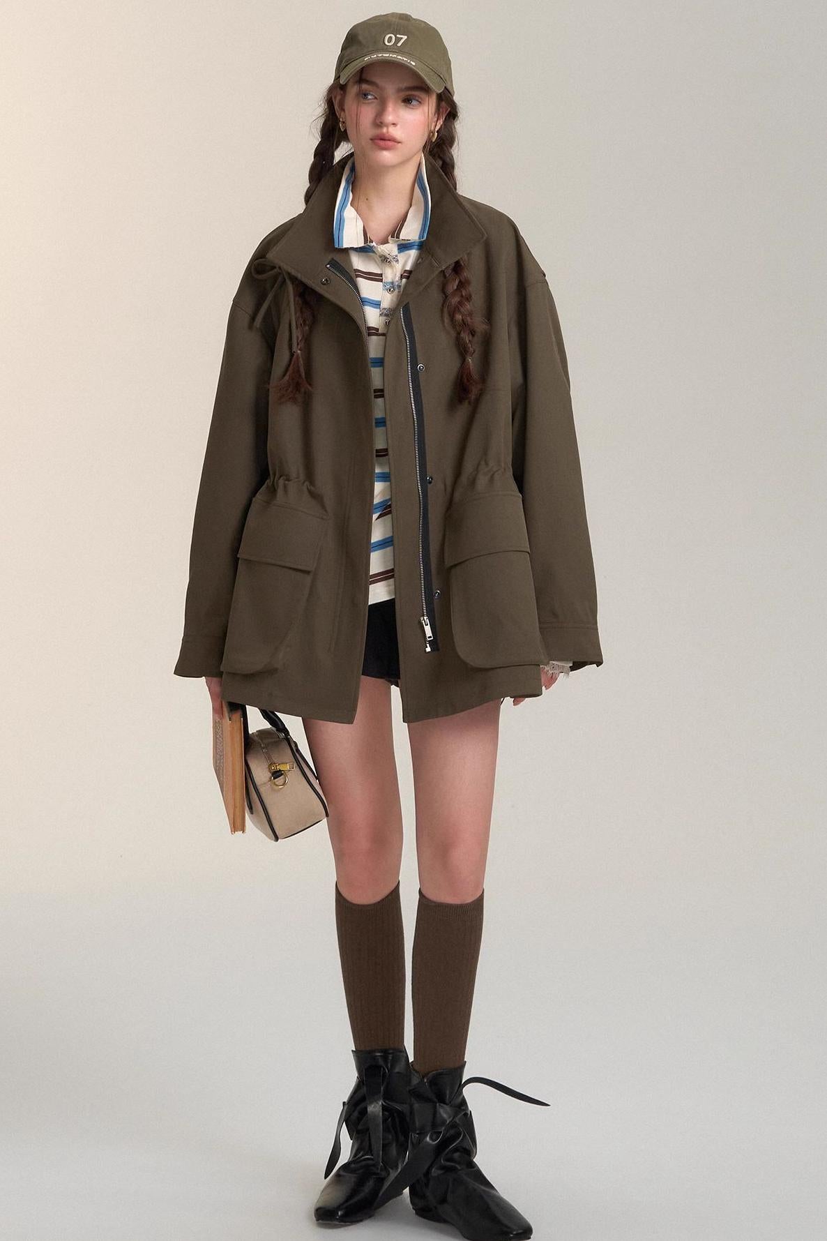 Drawstring Bow Cargo Coat