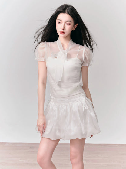 [Spot] fragile shop - vanilla marshmallow Sweet puff sleeve tie-up shirt bud skirt set