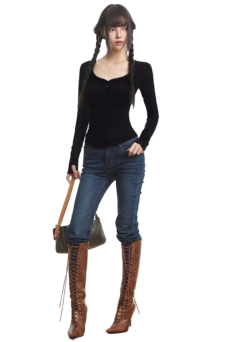 Black U-Shaped Slim Long Sleeve T-Shirt