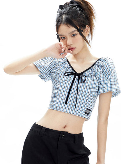 Bow Bubble Sleeve Plaid Short Shirt