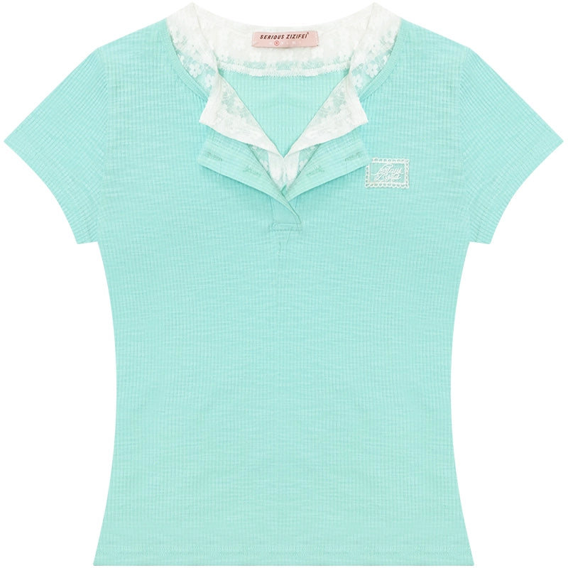 Lace Patchwork Fitted Two-Layer T-Shirt