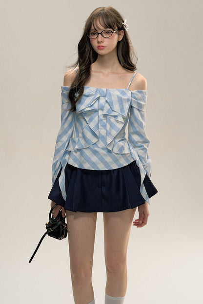 Blue Check Bow Straight Shoulder Top