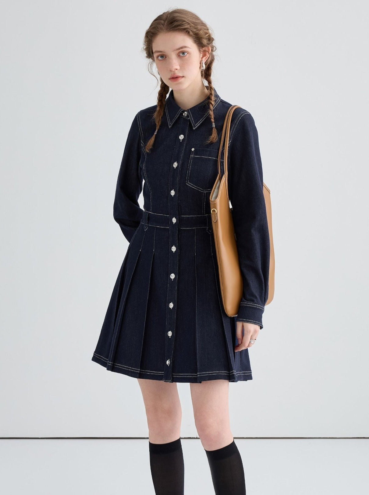 Back waist hollow dark blue denim dress