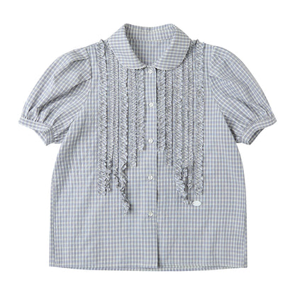 French Puff Sleeve Check Short Sleeve Top