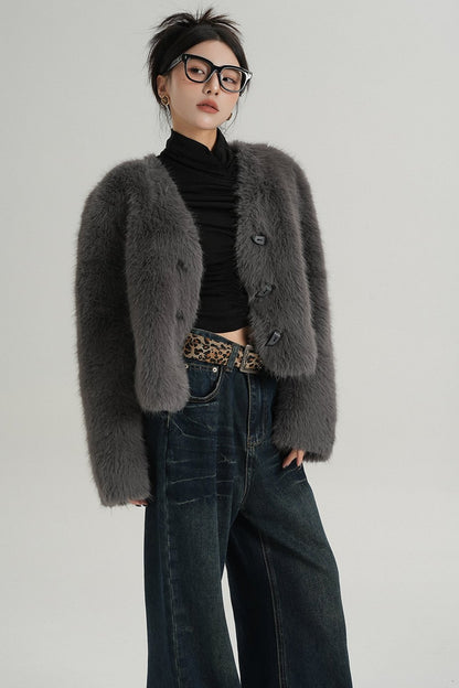 High-End Gray Eco-Friendly Fur Coat