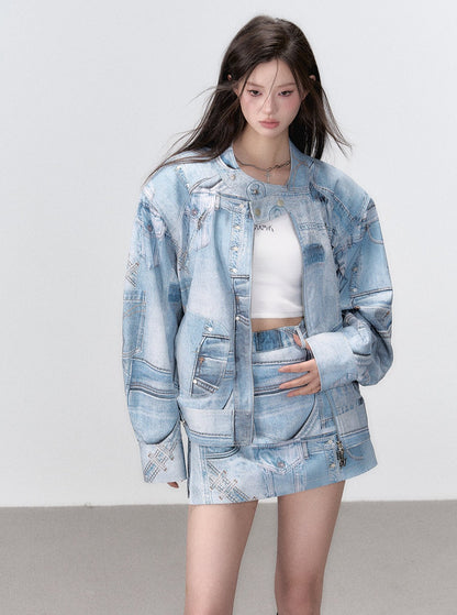 Denim print jacket and skirt set