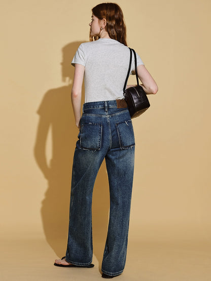 High-Waisted Blue Straight-Leg Jeans