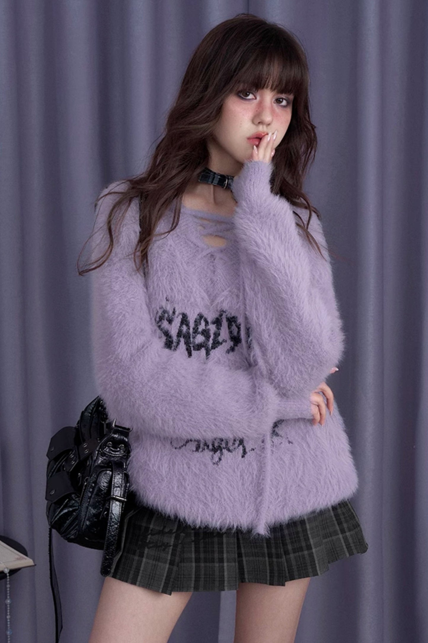 Velvet Purple V-Neck Mink Fur Sweater