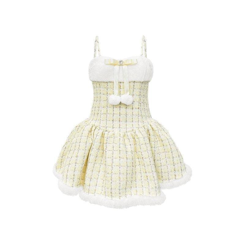 diamond bow pom-pom suspender dress