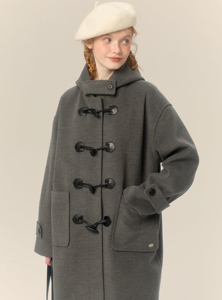 hooded mid-length horn button woolen coat