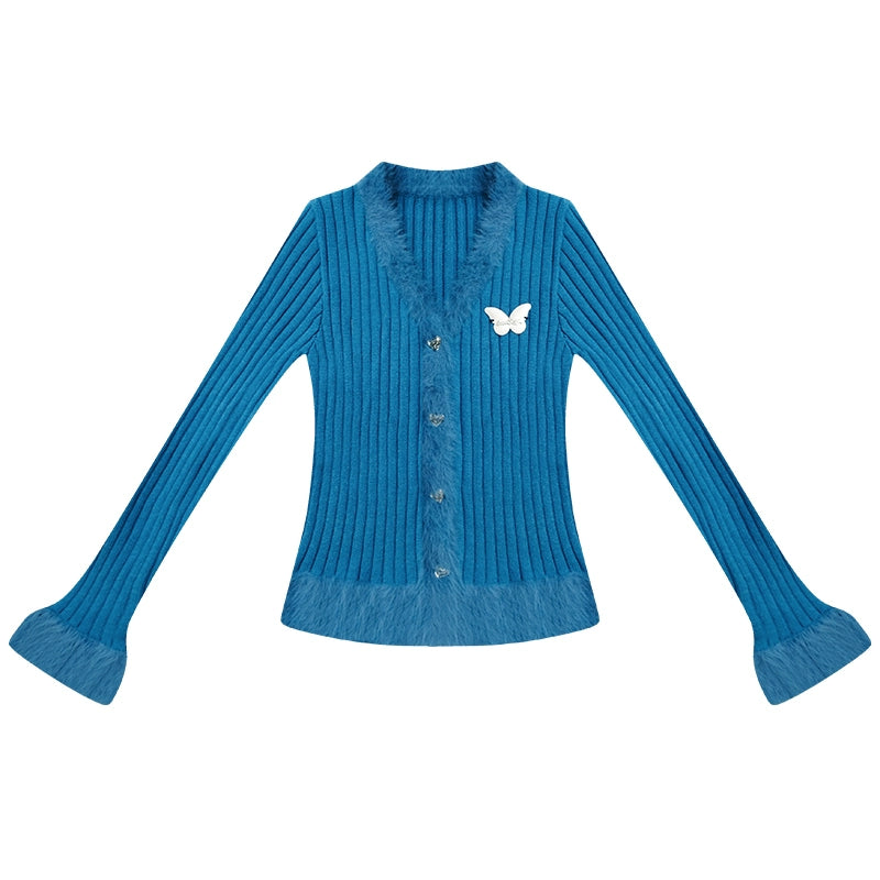 Slim Blue Knitted Cardigan Top