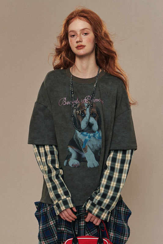 Lang lebe der Hund, gefälschte zweiteilige Patchwork American T-Shirt, Frauen frühen Herbst faul Stil, locker und dünn karierten Top