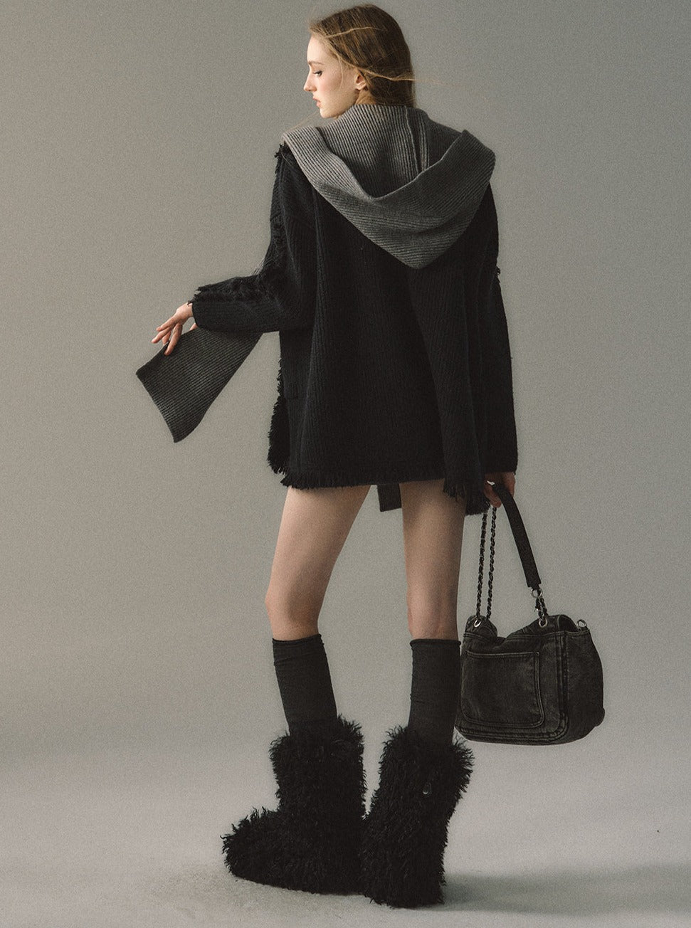 Mid-length hooded detachable knitted coat