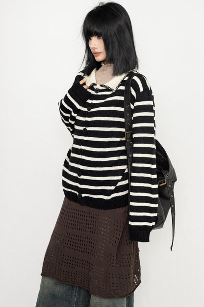 Vintage Striped Lapel Knit Sweater