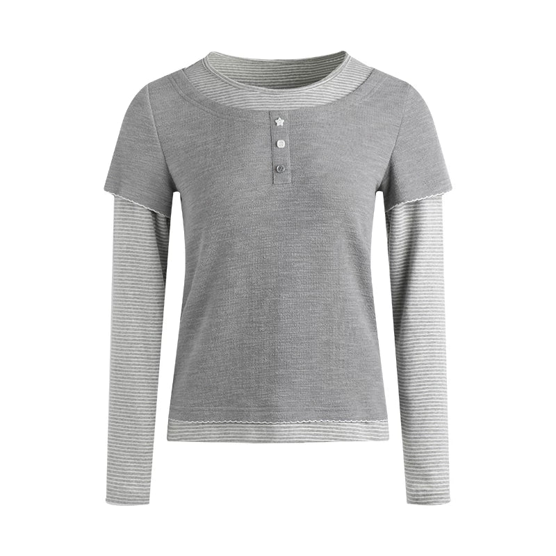 Henley Collar Fake Two-Piece Top