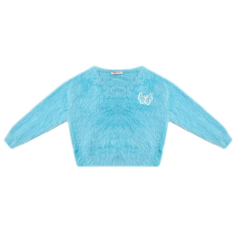 ziziFei autumn and winter American retro luxury blue fur loose soft and waxy lazy pullover V-neck sweater women