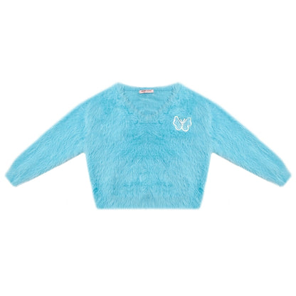 ziziFei autumn and winter American retro luxury blue fur loose soft and waxy lazy pullover V-neck sweater women