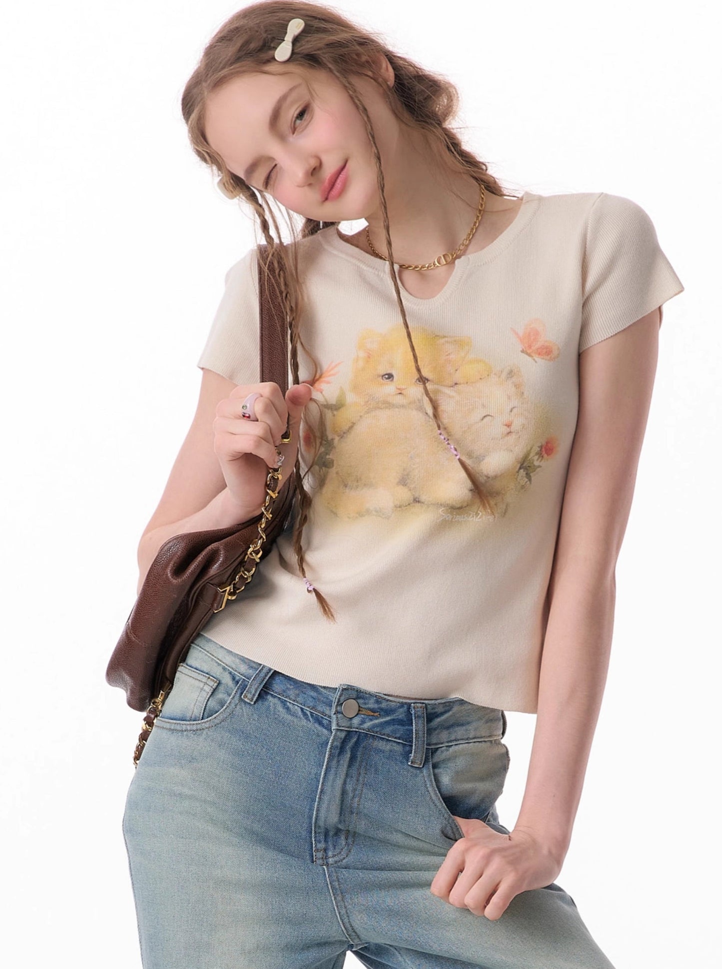 Retro Cat Print Slim T-Shirt