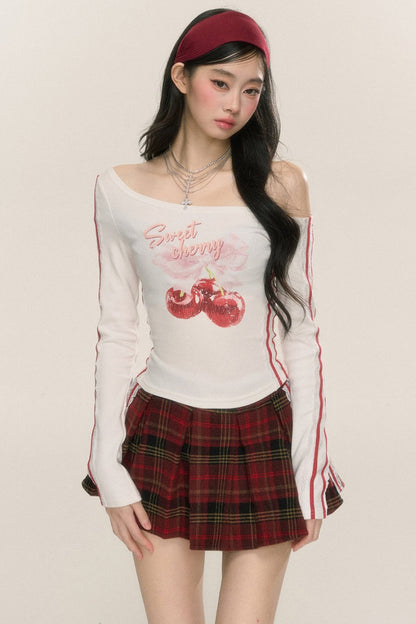 [On sale at 20 o'clock on September 26th] Less eye no cherry blossom sweet wine Long sleeves with slanted shoulders and thin bottom T-shirt for women in early autumn