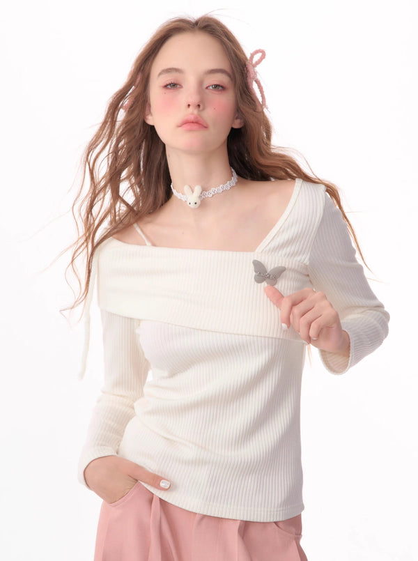 Off-the-shoulder clavicle long sleeve knit tops