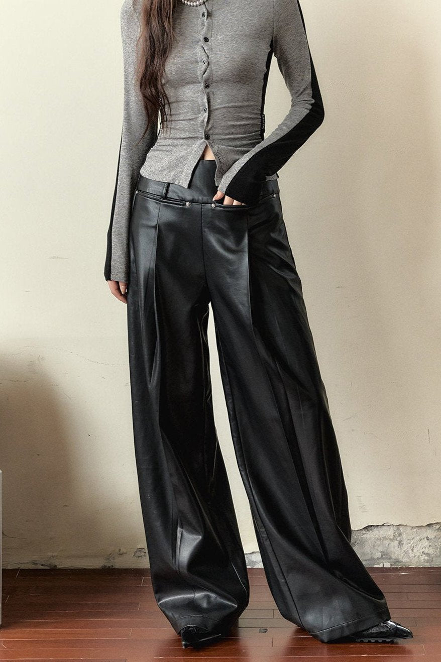 VIAPITTI Loose Street Stud Pu Leder Hose Damen Herbst Straight Leg Slim Vielseitig Spice Girl Style Slacks