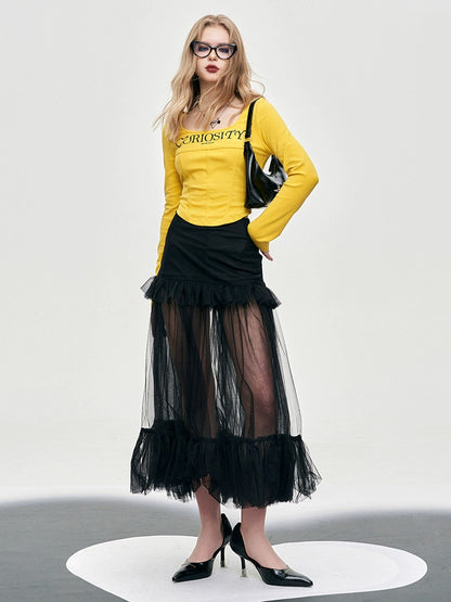 Mesh Patchwork Puffy Skirt