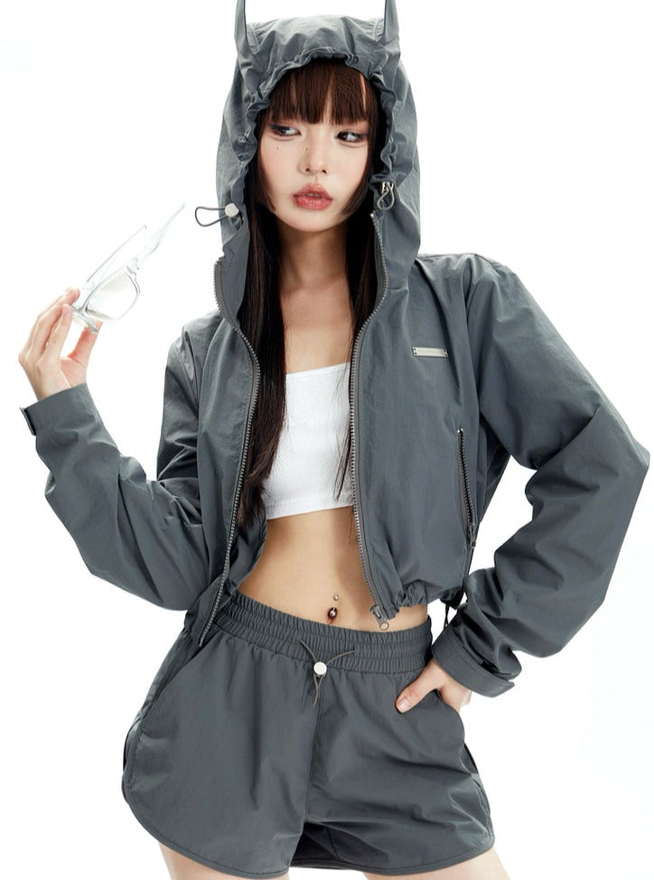 Hooded Casual Coat And Shorts Set