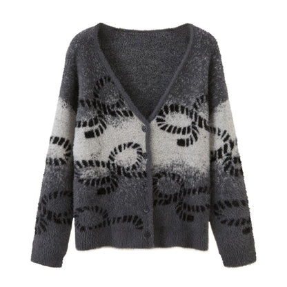 Bow Gradient V-Neck Knitted Cardigan