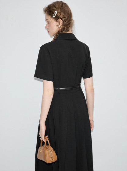 Slim Pleated Black Shirt Dress