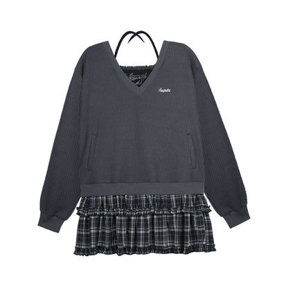 College-Stil Strick Fake-Zweiteiler Kleid 