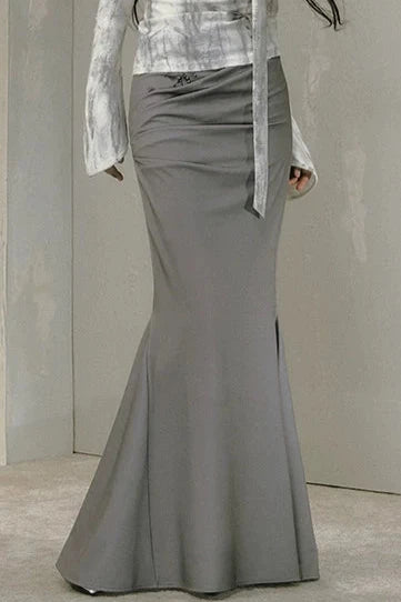 Gray Pleated Fishtail Skirt