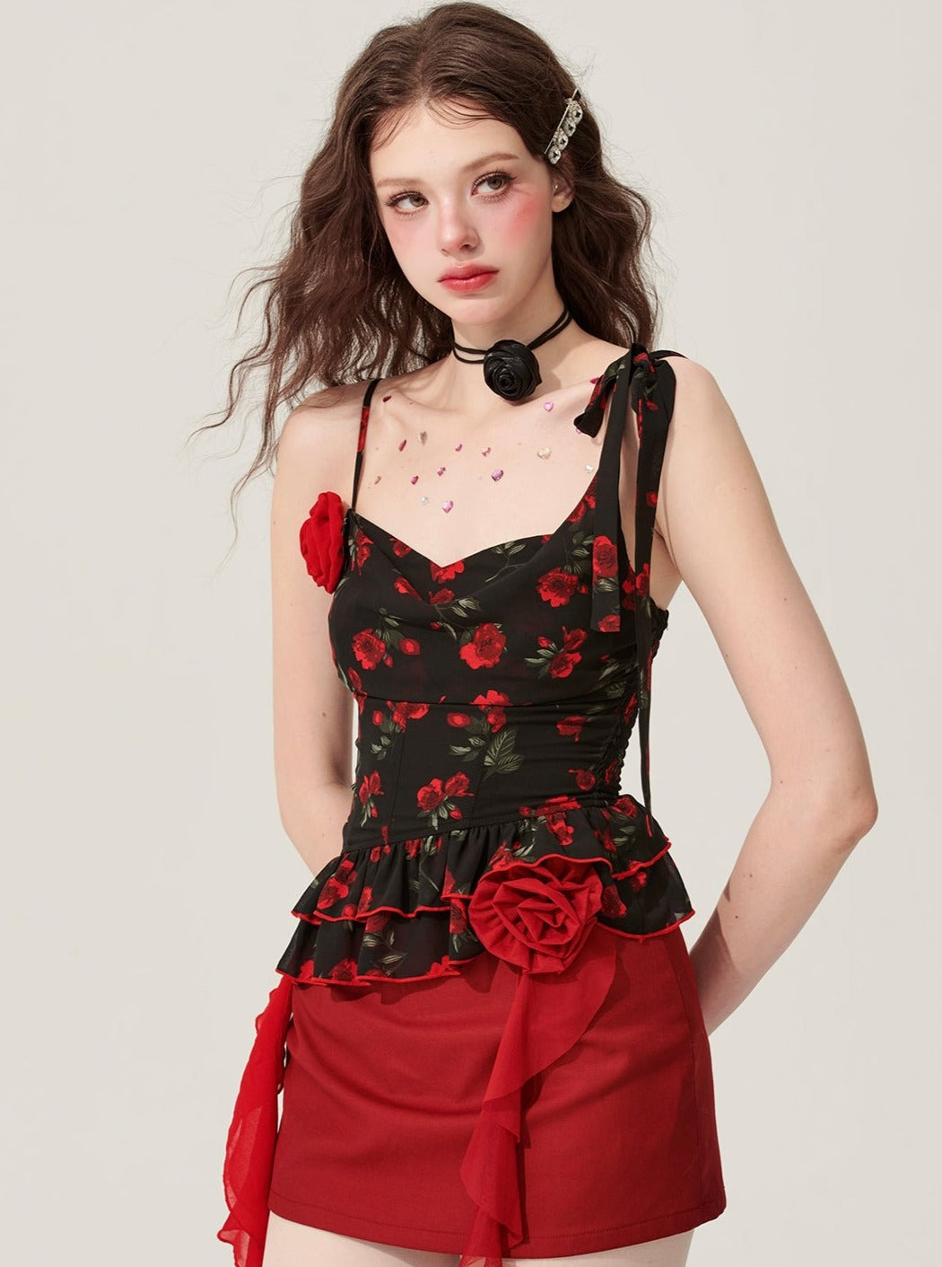 Black Floral Suspender Top