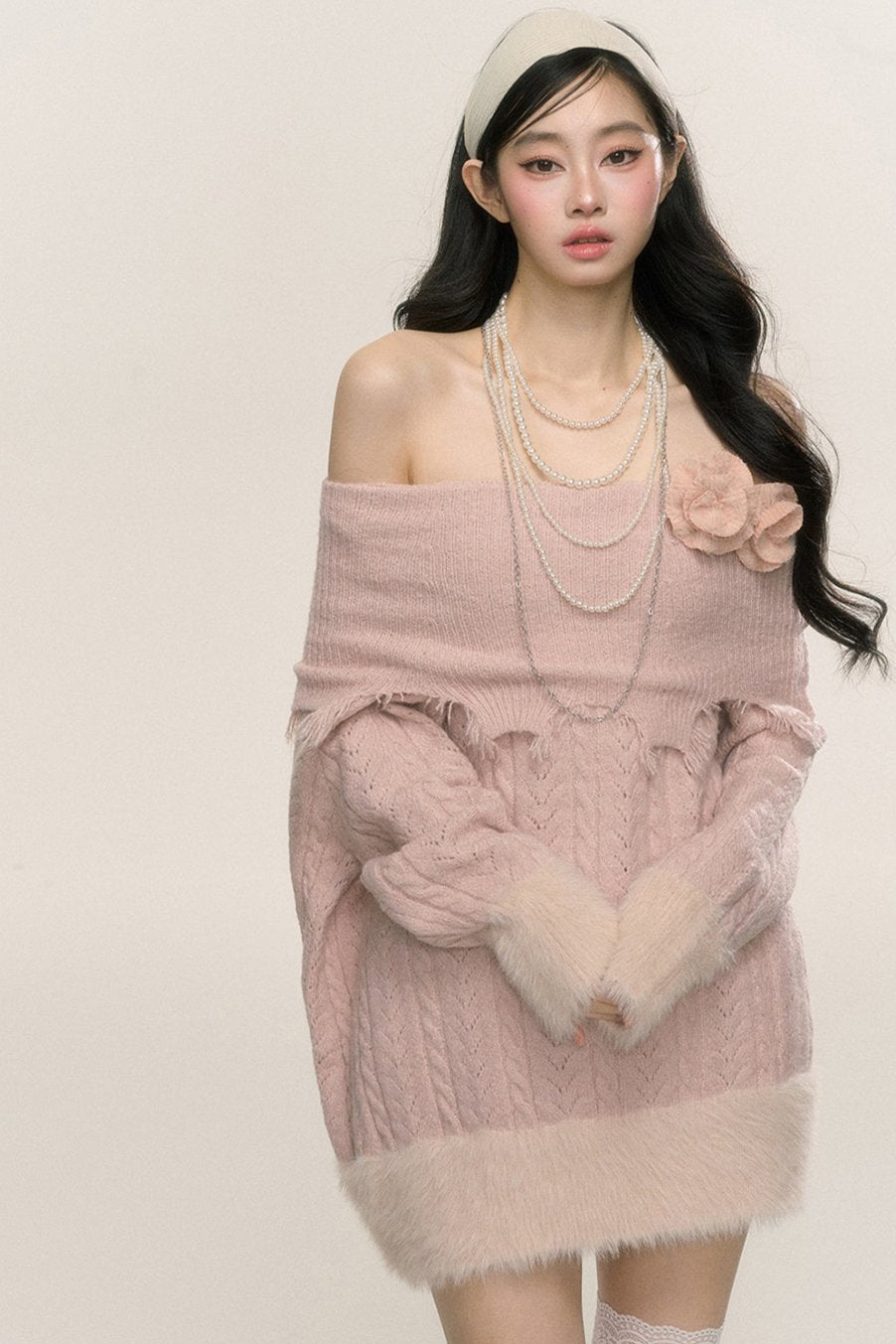 [On sale at 20 o'clock on 26th September] less eye mist pink del one-shoulder loose plush dress women's autumn and winter