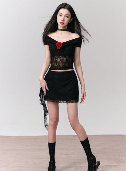 [SNH48 same style] fragile store - Floyd rose black lace one-shoulder short top short skirt