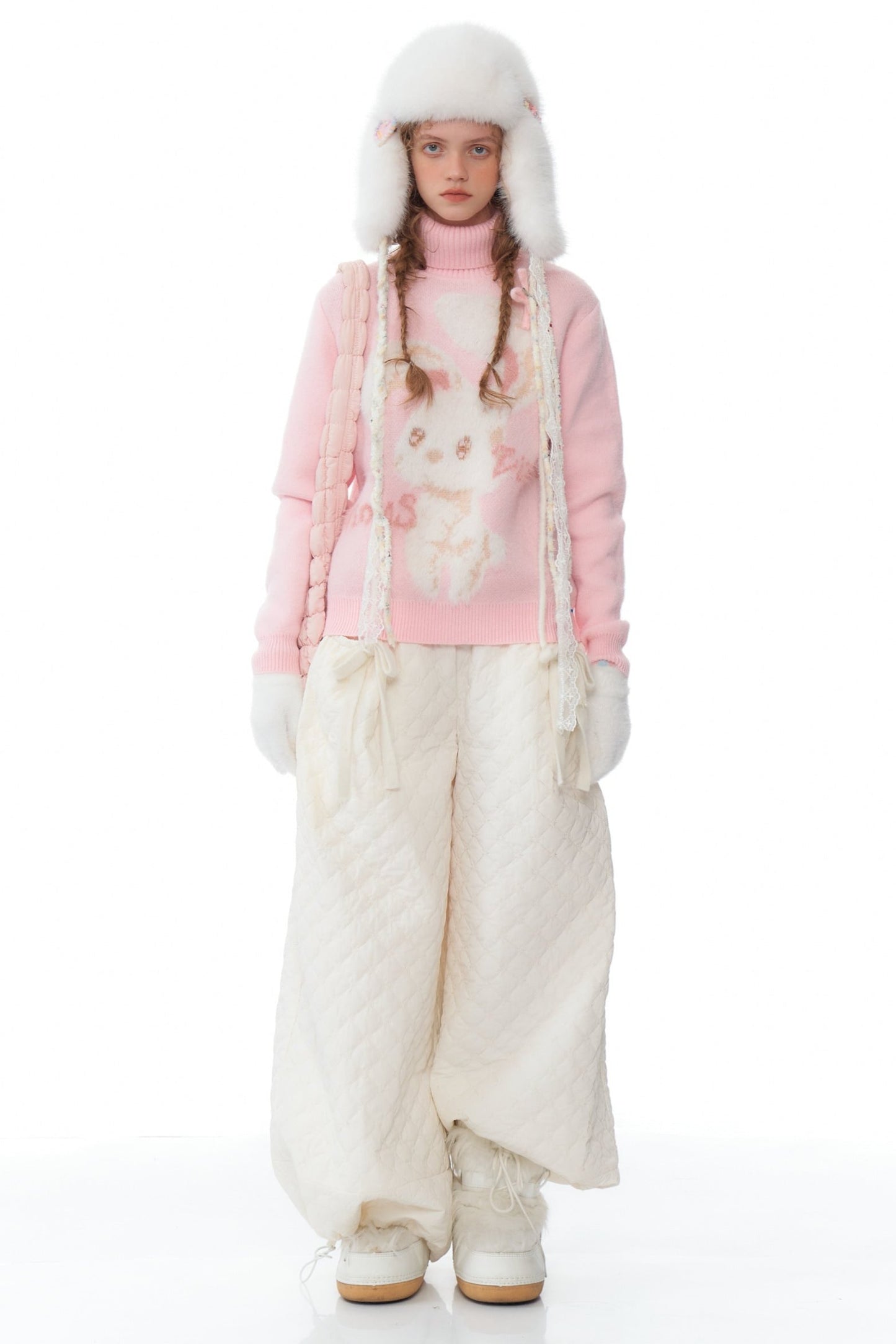 ziziFei autumn and winter American retro design high-quality plush rabbit soft and lazy pink turtleneck sweater woman