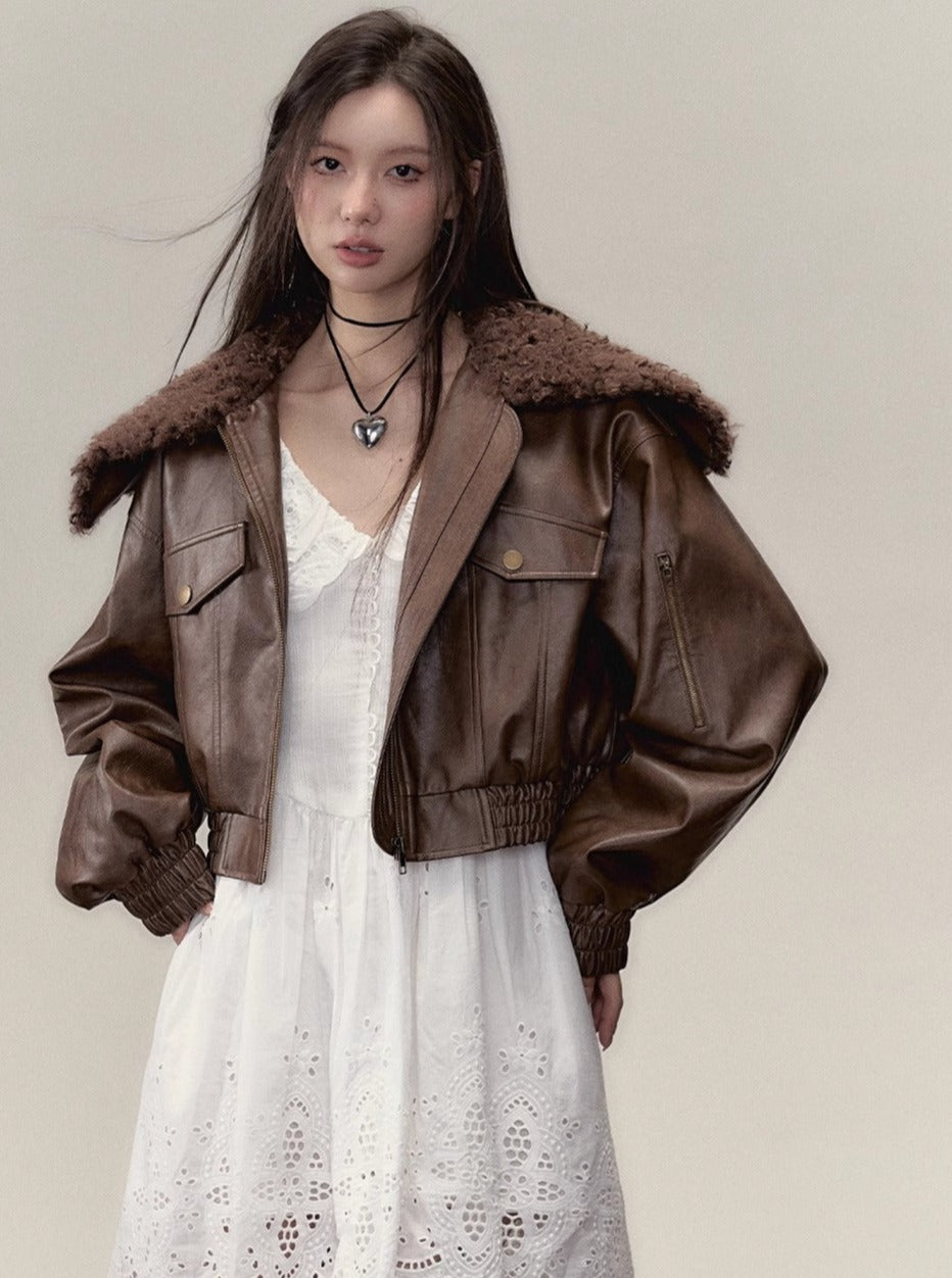 fur collar stitching pu leather jacket