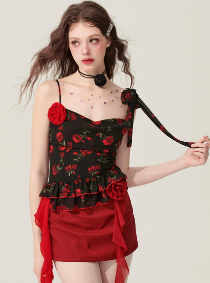 Black Floral Suspender Top