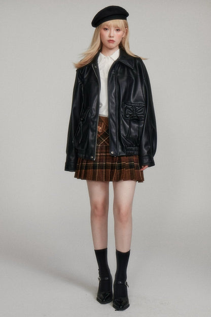 Bow Drawstring Leather Jacket