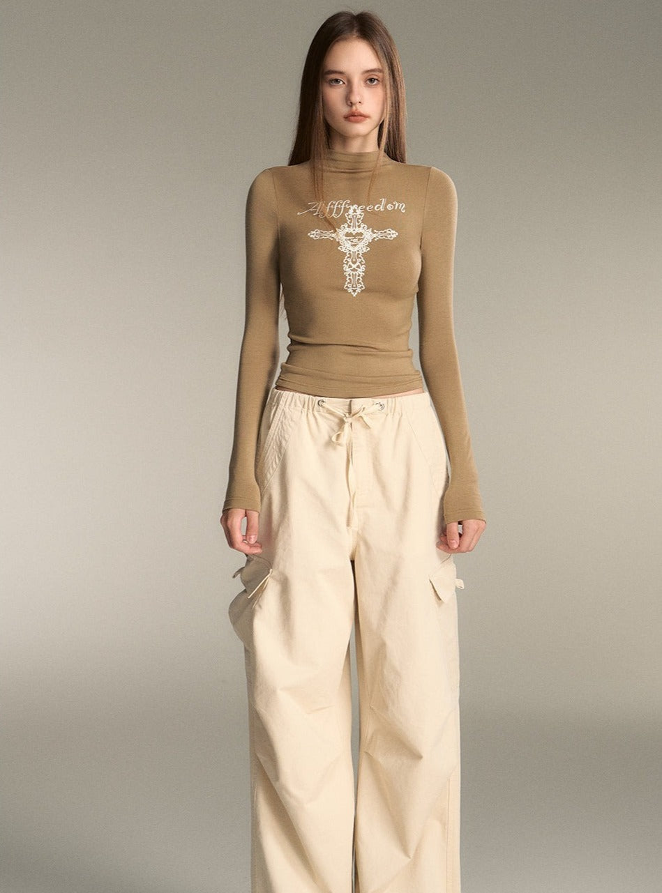 Half-neck waist-cinched long sleeve top