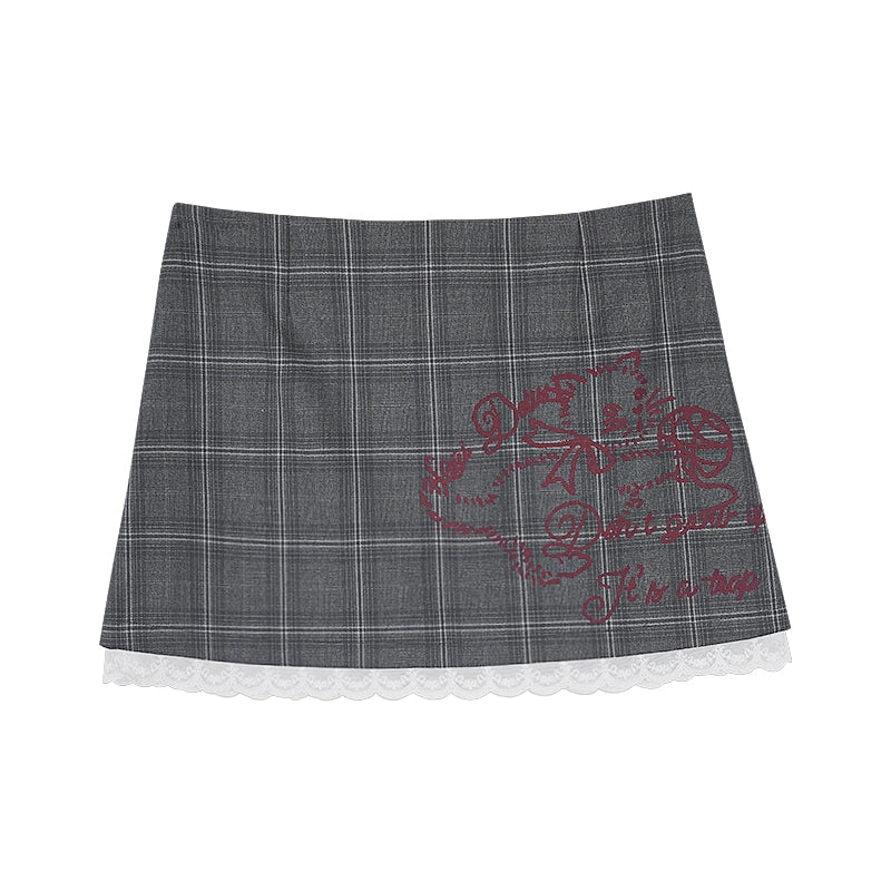 Gray Checkered Cat Print Skirt