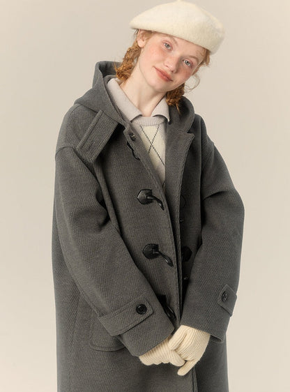 hooded mid-length horn button woolen coat