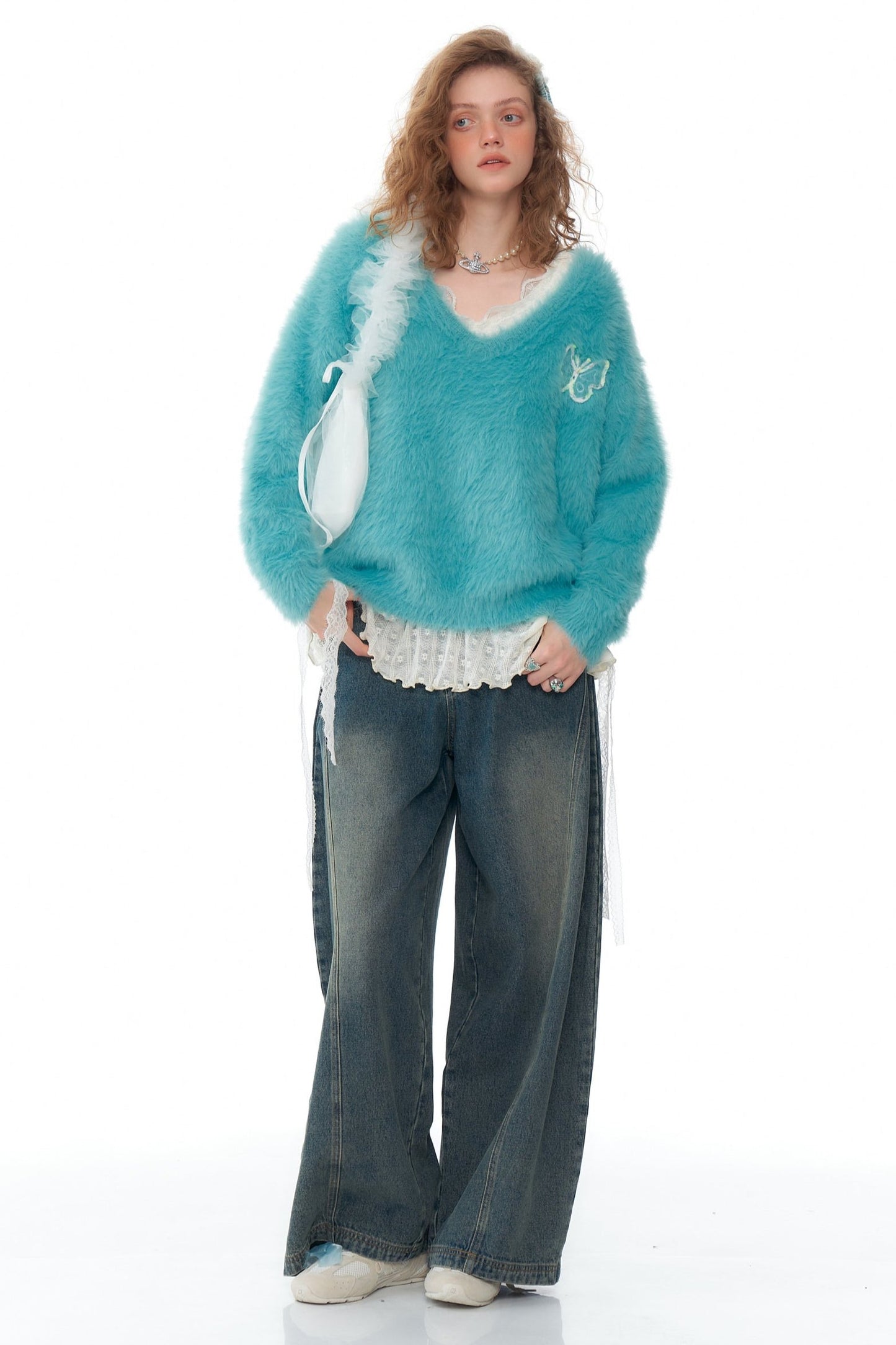 Retro Blue Fur V-Neck Sweater