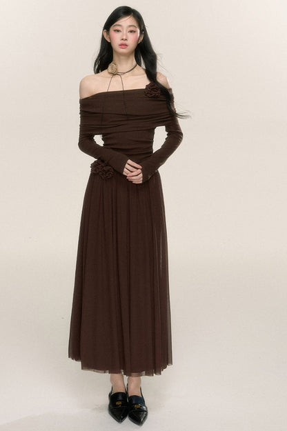 Long-Sleeve One-Shoulder Maxi Dress