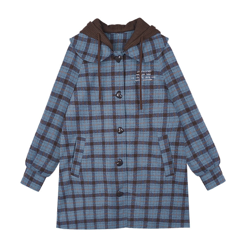 SagiDolls Girl's Fighting Spirit 30% Wool Tweed Cotton Sea Blue Milk Coffee College Style Cosmic Coat with Hood