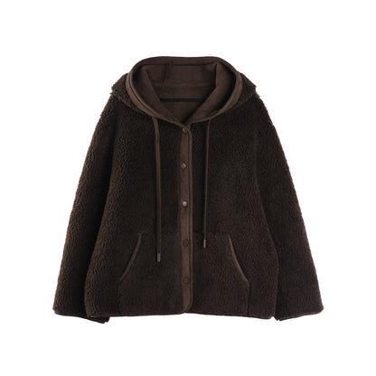 Brown Retro Lamb Wool Hooded Jacket
