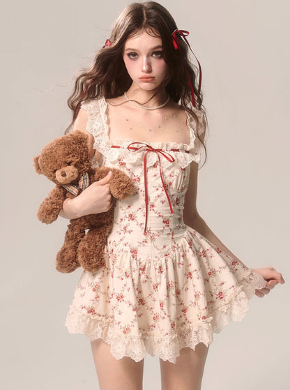 Red Cardigan With Summer Lace Puffy Dress Set-Up