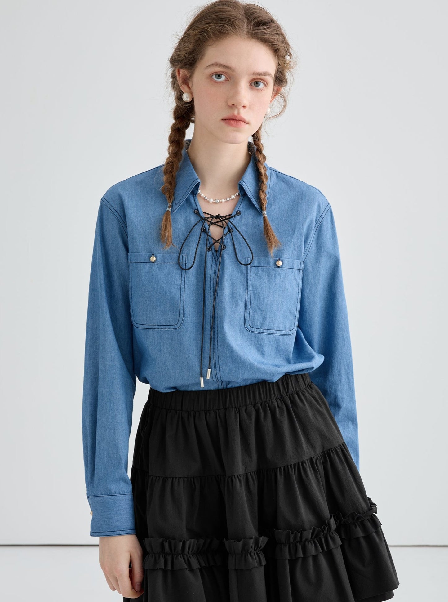 Retro denim lace-up shirt